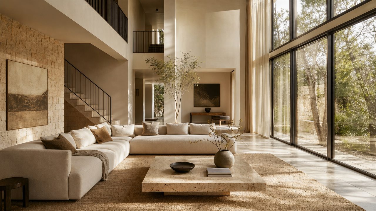 The listing photo: a double-height living room with a linen sofa and afternoon sun through tall windows