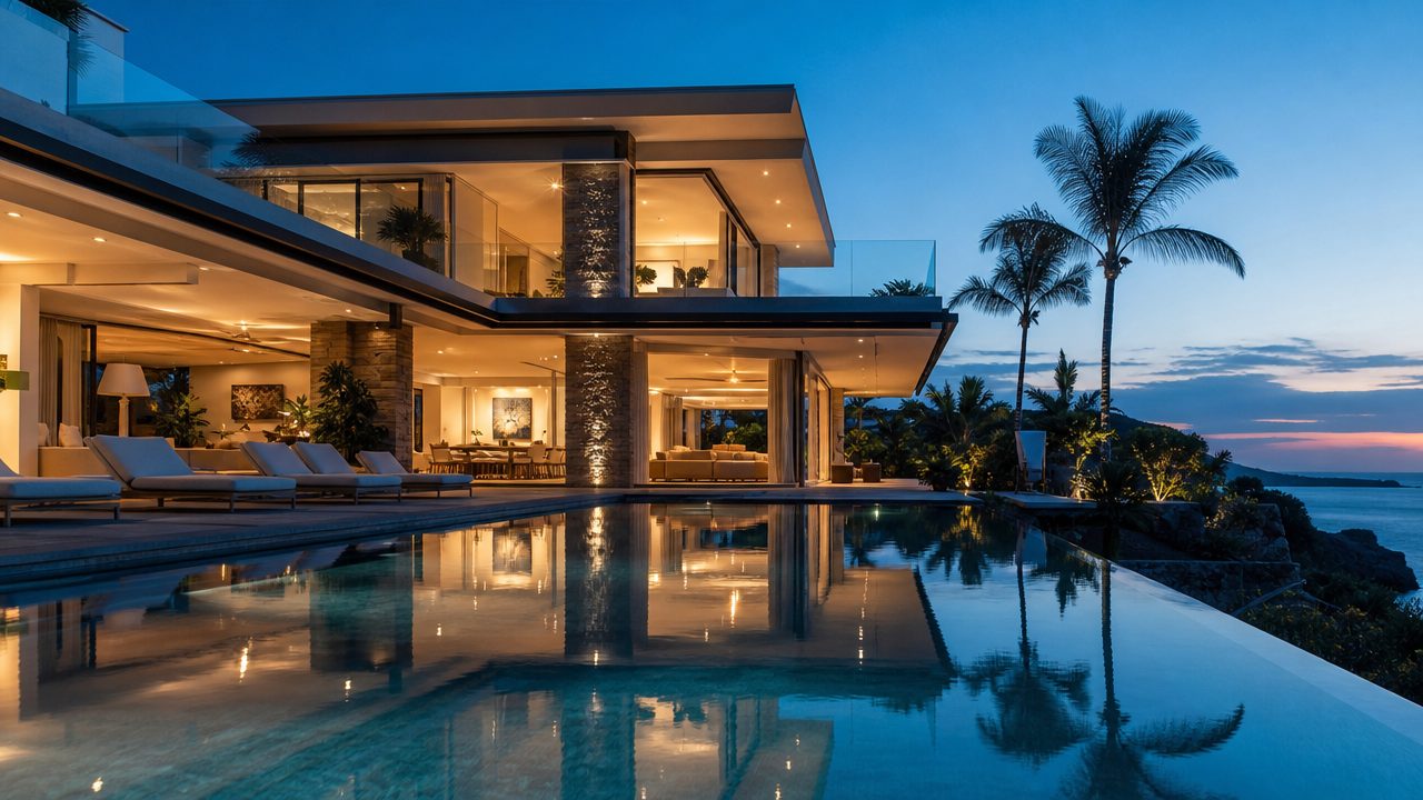 A modern villa at dusk with its lights reflected in an infinity pool